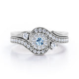 Pave-Prong Design 0.55 TCW Round Shape Aquamarine and Moissanite Bridal Ring Set in White Gold