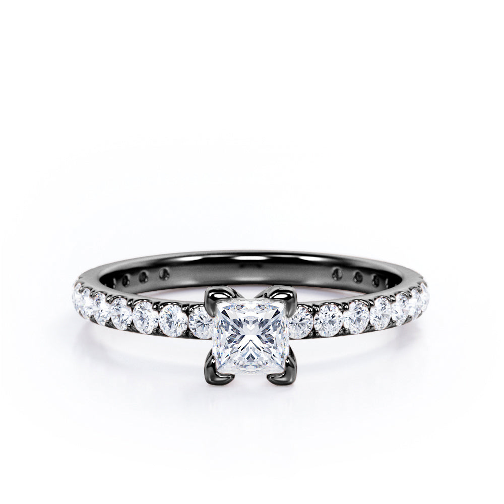 Classic Dainty 0.40 TCW Princess Cut Diamond V-Prong Pave Accented Engagement Ring in 10K White Gold