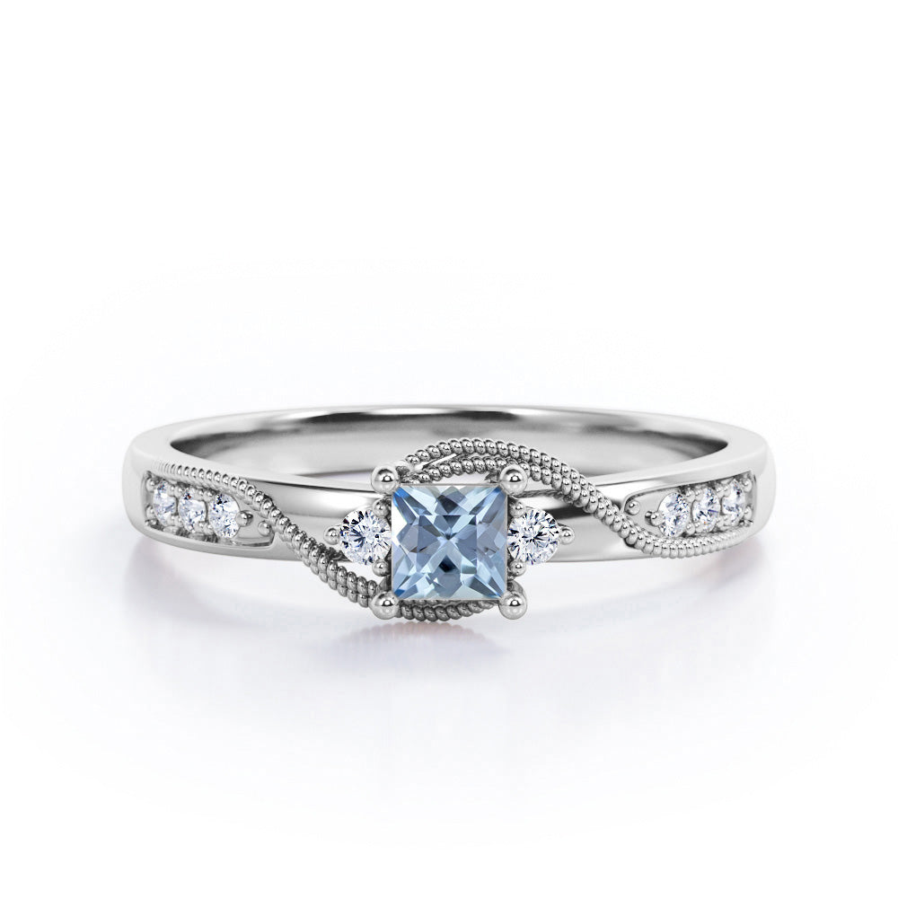 Double Curved Line Milgrain 0.55 carat Princess Aquamarine and Moissanite Dainty Engagement Ring in Rose Gold