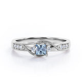 Double Curved Line Milgrain 0.55 carat Princess Aquamarine and Moissanite Dainty Engagement Ring in Rose Gold