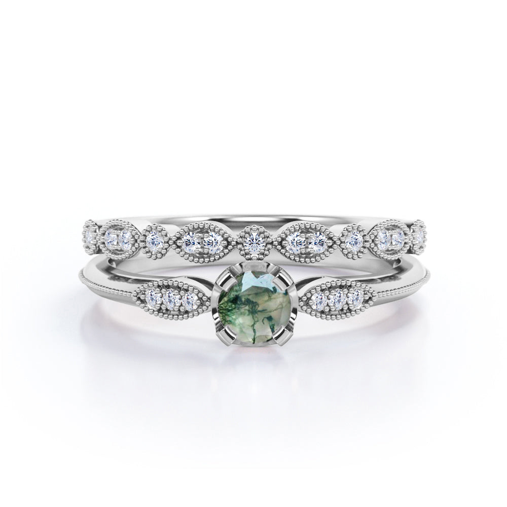 Classic Milgrain 1.50 Carat Round Cut Genuine Banded Moss Green Agate and Diamond Marquise Dot Art Deco band Bridal Set Rings