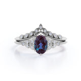 Unique Floral Design 1.50 Carat Oval Cut Lab Made Purple Alexandrite and Diamond Filigree Milgrain Wedding Ring Sets - Bridal Set Rings in White Gold for Women