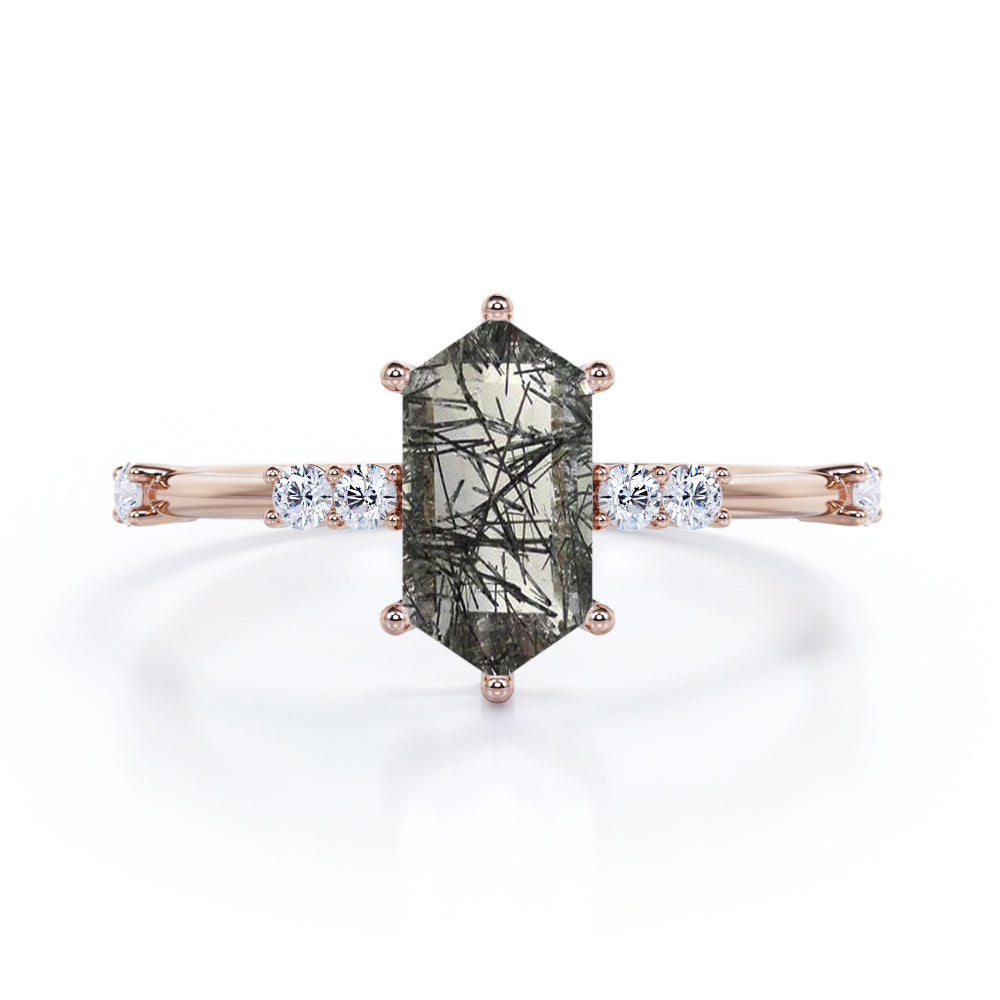 Asymmetric Six Prong 1.10 Carat Hexagon Cut Natural Black Rutilated Quartz And Diamond Seven Stone Engagement Ring In Black Gold
