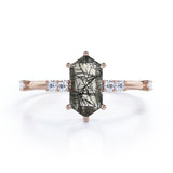 Asymmetric Six Prong 1.10 Carat Hexagon Cut Natural Black Rutilated Quartz And Diamond Seven Stone Engagement Ring In Black Gold