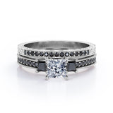 Art Deco 3-Stone 1.65 TCW Princess Cut Moissanite with Lab Created Black Diamond Cathedral Pave-Channel Wedding Ring Set in Rose Gold