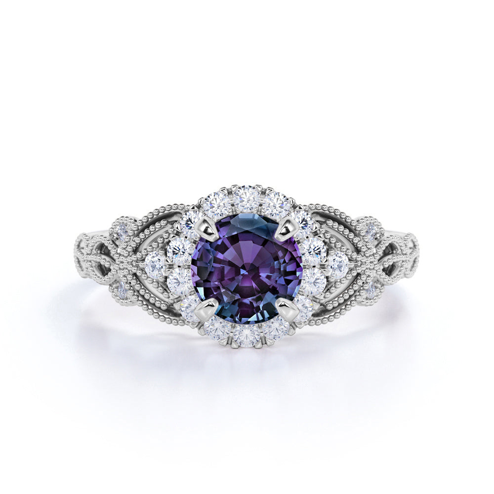 Antique Floral Milgrain 1.25 Carat Round Cut Created Alexandrite and Diamond Cluster Engagement Ring - Gifts for Her