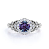 Antique Floral Milgrain 1.25 Carat Round Cut Created Alexandrite and Diamond Cluster Engagement Ring - Gifts for Her