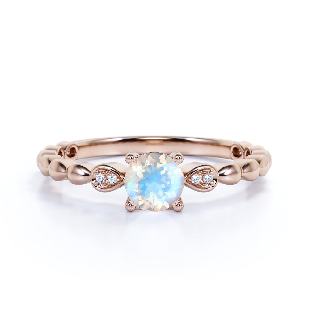 Beaded 1.10 Carat Round Brilliant Rainbow Moonstone and Diamond Classic Engagement Ring in White Gold