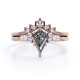 Vintage 1.40 ct Kite Black Rutilated Quartz Filigree Crown Bridal Set