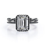 Crossover with Pave Accents - 1.75 TCW Emerald Cut Moissanite with Lab Created Black Diamond - Halo Bridal Ring Set in White Gold