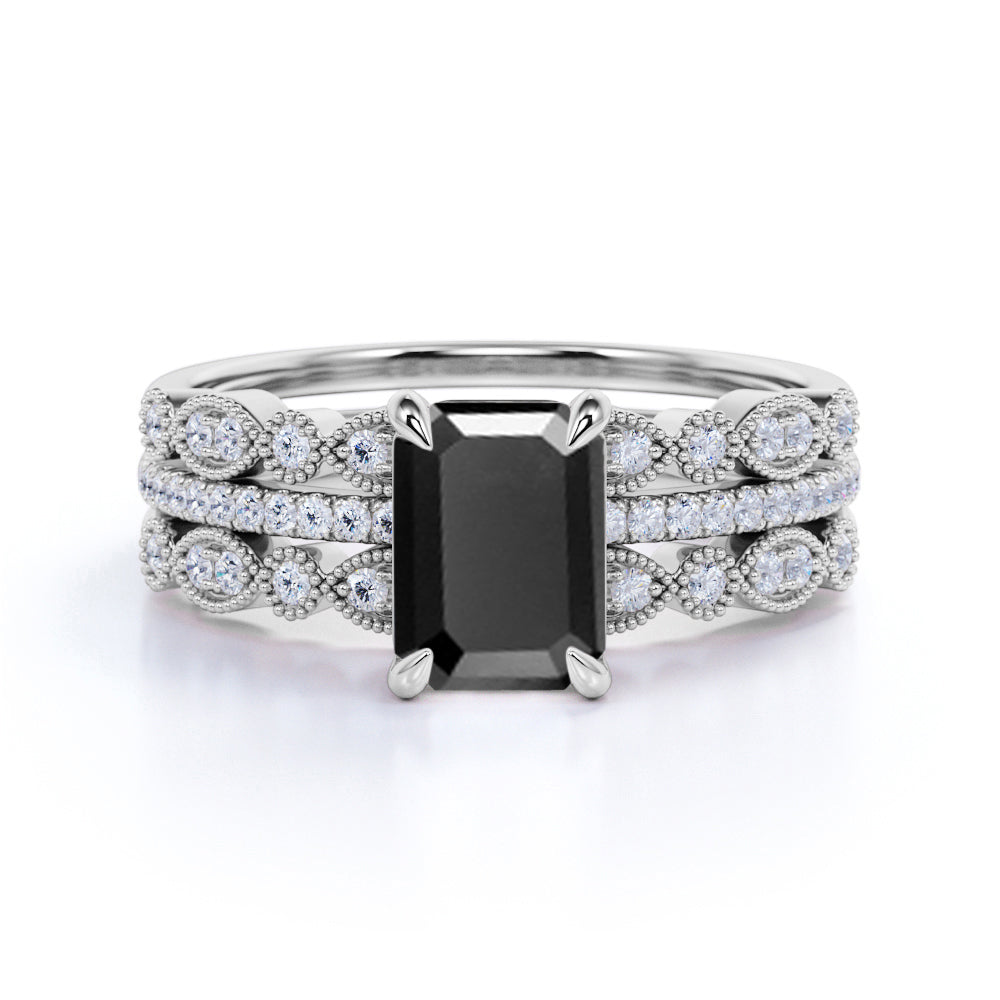 Unique antique 1.75 Carat Lab Black Diamond Trio Wedding Ring Set for Women in Rose Gold