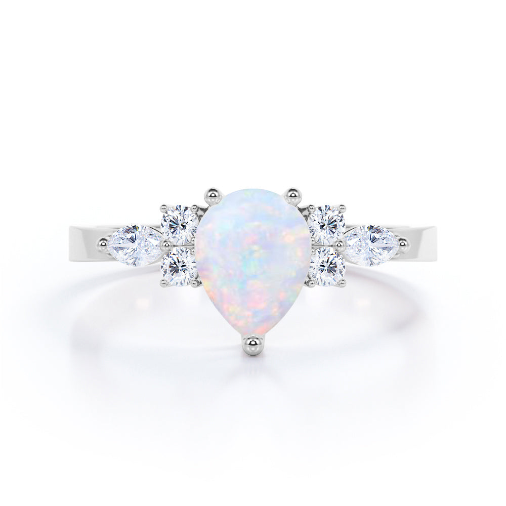 Unique Three Prong 1.35 Carat Tear Drop Precious Fire Opal And Diamond Seven Stone Engagement Ring In Rose Gold