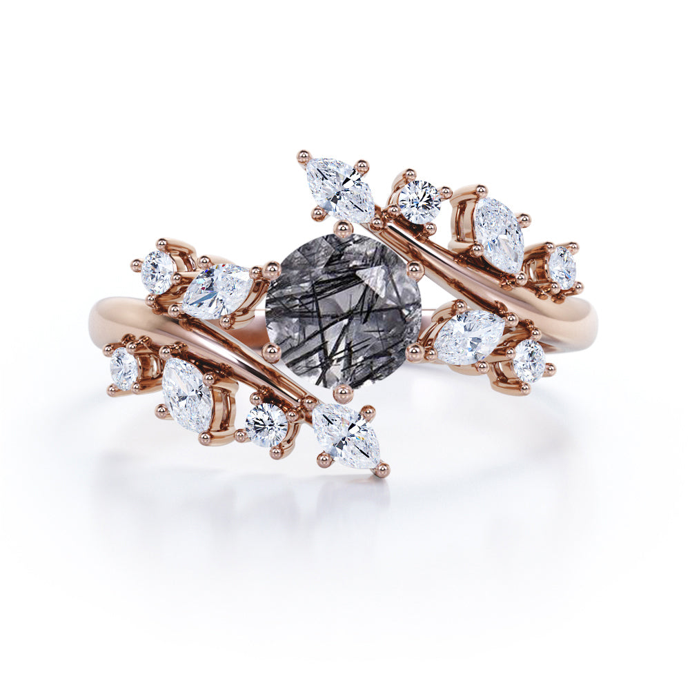 Floral 1.35 ct Round Black Rutilated Quartz Engagement Ring