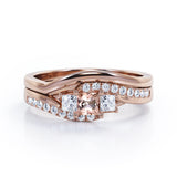 3 Stone Shared Prong - 1 TCW Princess Cut Morganite and Moissanite - Pave Curved Shank Wedding Set - Rose Gold