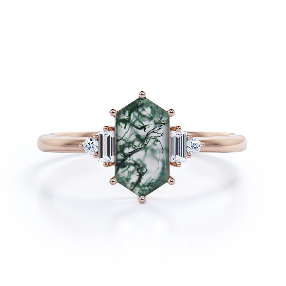 Five Stone 0.8 Carat Hexagon Moss Agate Engagement Ring
