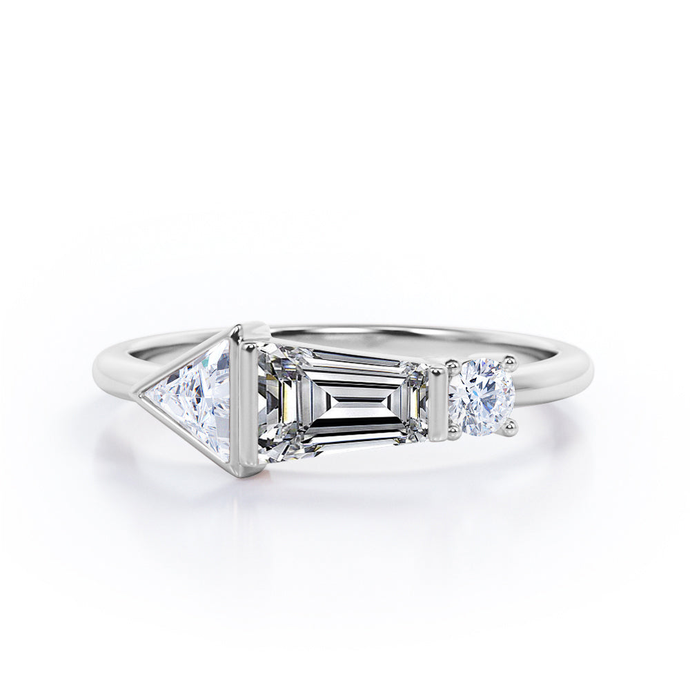 Lovely House Three Stone Baguette Cubic Engagement Ring in Rose Gold