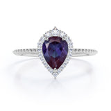 Vintage Beaded 1.35 Carat Tear Drop Lab Created Alexandrite And Diamond Halo Engagement Ring In White Gold