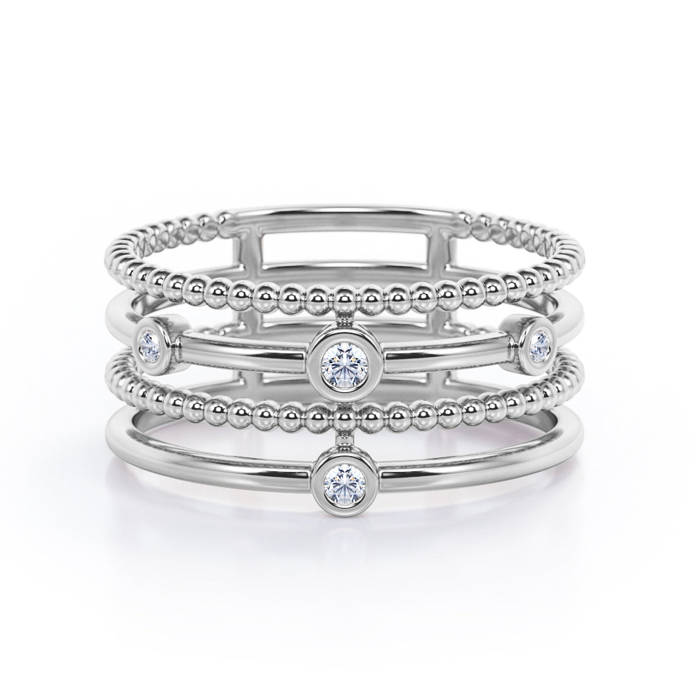 Quadruple Band - 0.80 TCW Round Brilliant Cut Diamond - Bezel and Beaded Stackable Ring - Rose Gold