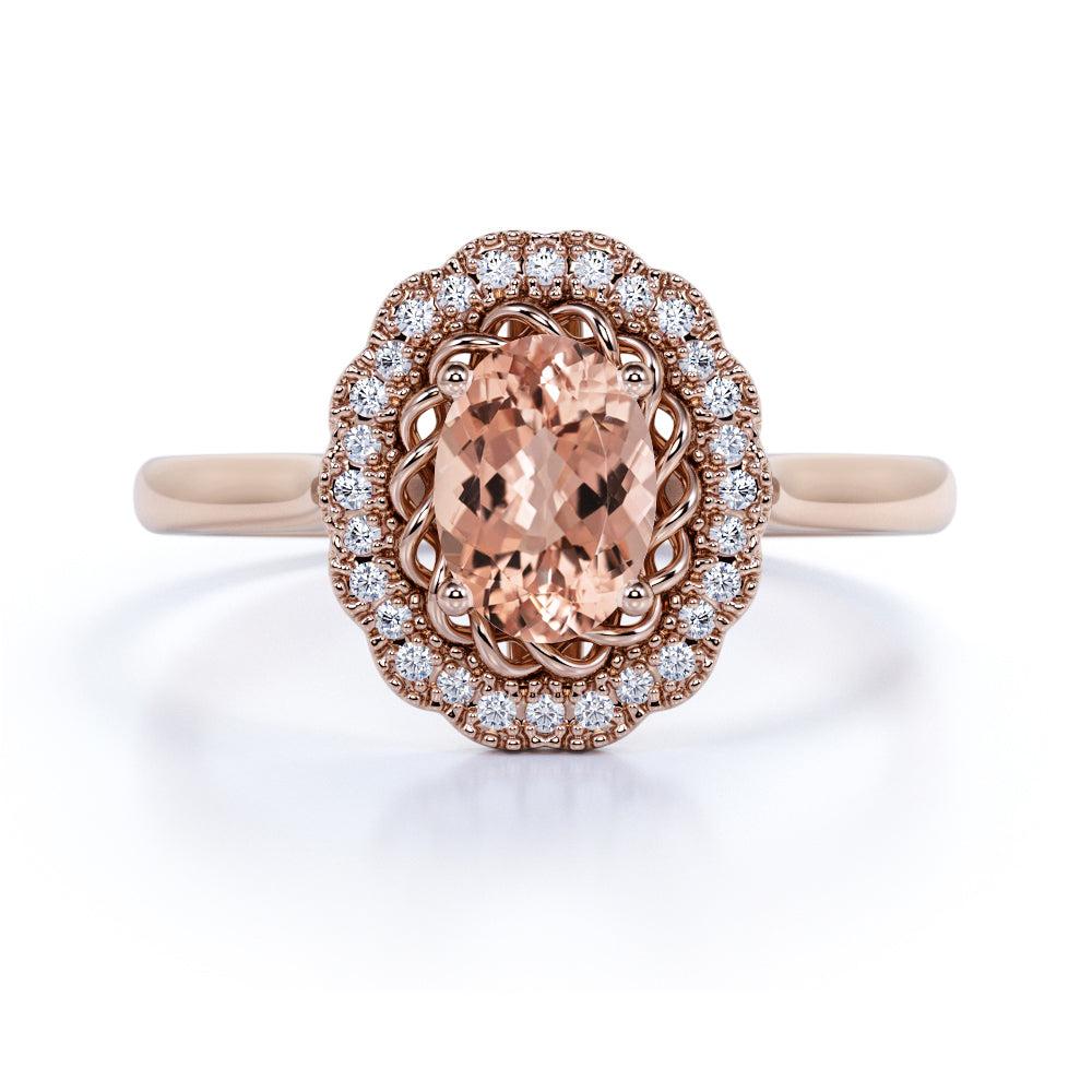 Massive 1.25 Carat Oval Pink Salmon Morganite and Twisted Diamond Halo Engagement Ring in White Gold