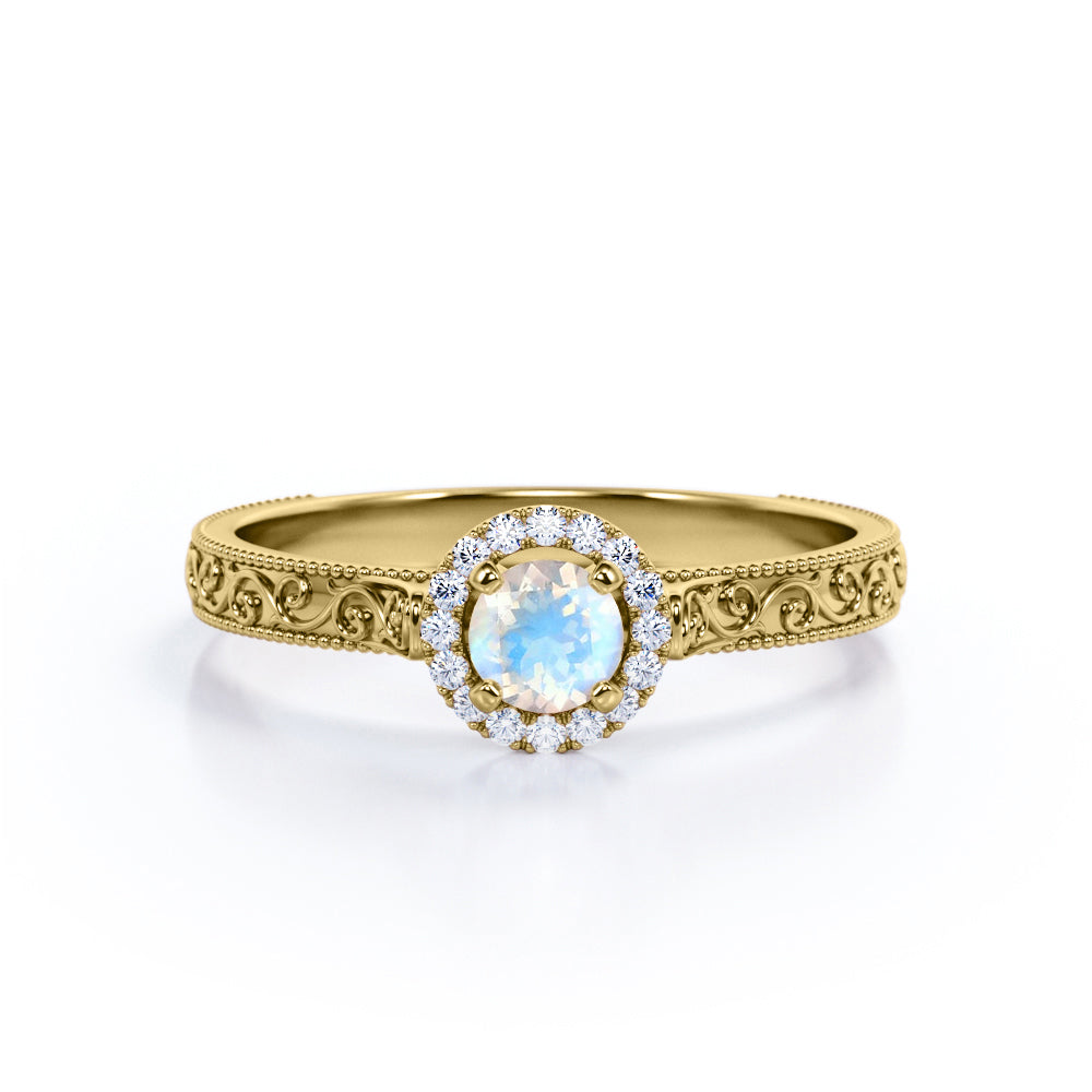 Whole Vintage Design 0.6 carat Round Moonstone and Moissanite Halo Engagement Ring in Rose Gold
