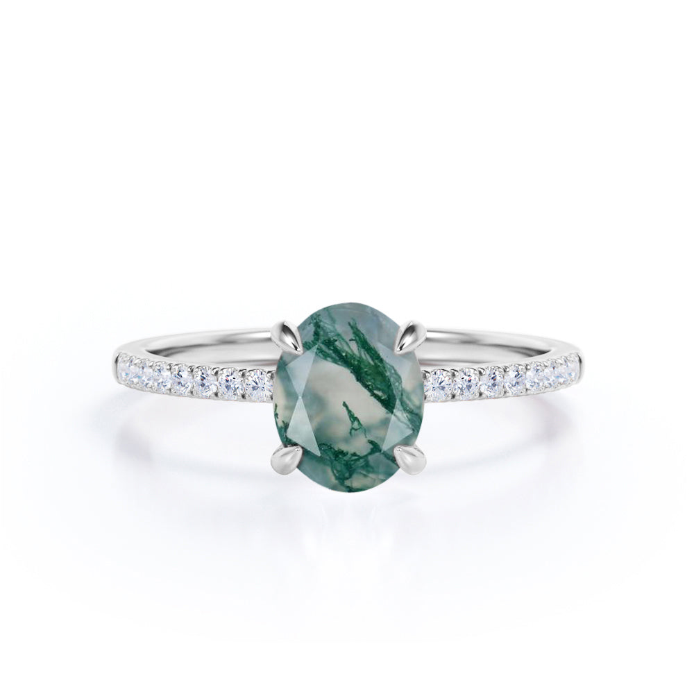 1.25 ct Oval Cut Green Moss AgatePave Engagement Ring