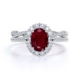 Antique Design 2.25 Carat Oval Cut Lab Ruby and Diamond Halo Wedding Set with Infinity Band in White Gold