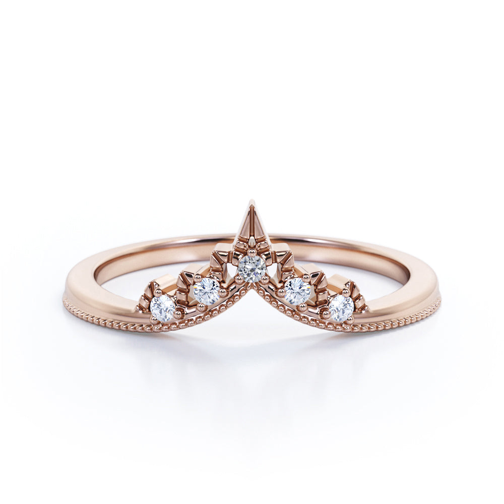 Milgrain Bordered 0.10 TCW Round Cut Diamond Crown Design Wedding Band in White Gold