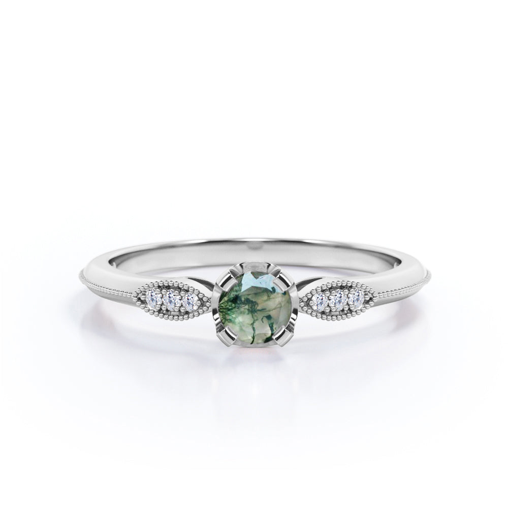 Prong Basket 1.25 Carat Round Cut Solid Druzy Moss Green Agate and Diamond Pave Milgrain Engagement Ring