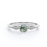 Prong Basket 1.25 Carat Round Cut Solid Druzy Moss Green Agate and Diamond Pave Milgrain Engagement Ring