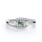 Shared Prongs 1 carat Princess Green Moss Agate and Moissanite Split Shank Band Engagement Ring in Rose Gold