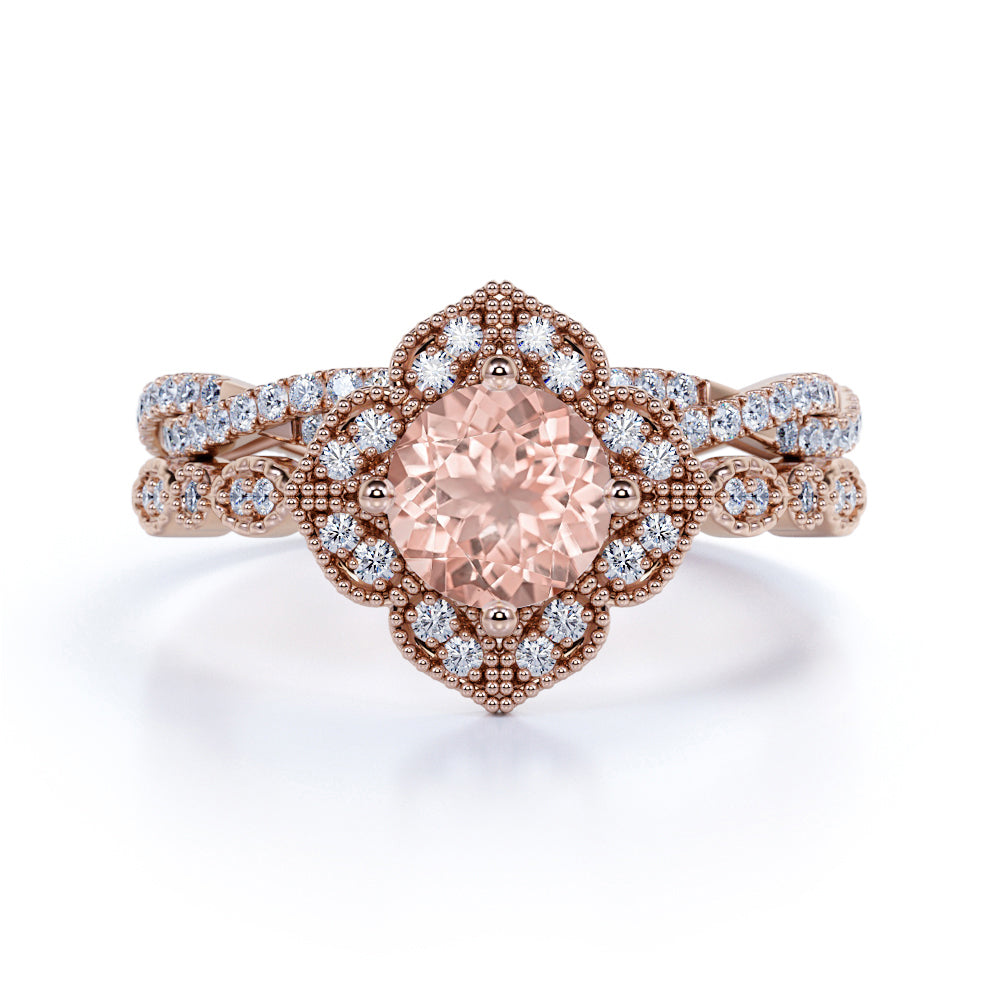 Art Deco 1.50 Carat Round Cut Peach Morganite and Diamond Bridal Ring Set in White Gold