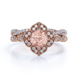 Art Deco 1.50 Carat Round Cut Peach Morganite and Diamond Bridal Ring Set in White Gold