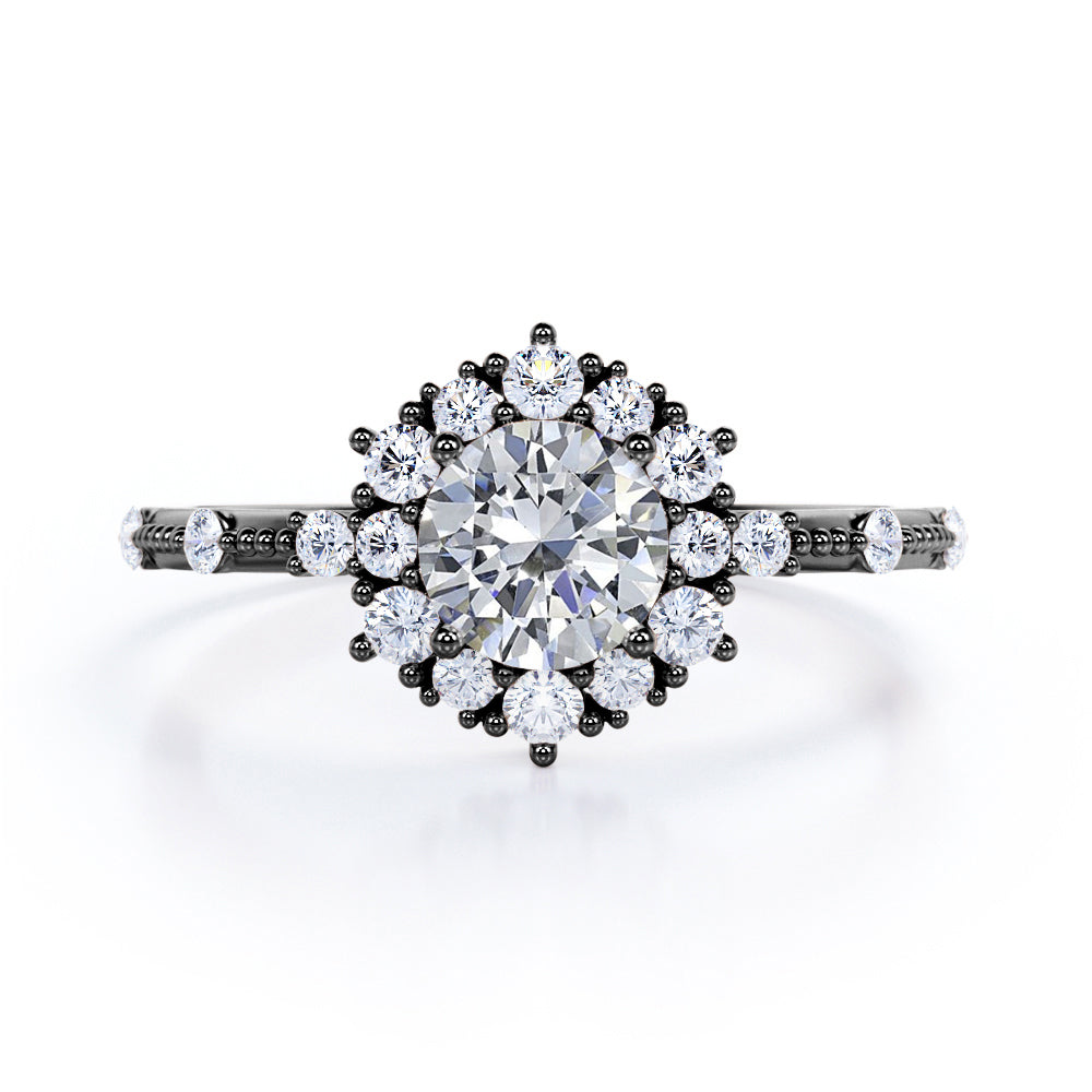 Splendid Snowflake 0.6 carat Round Moissanite and Diamond Halo Engagement Ring in White Gold