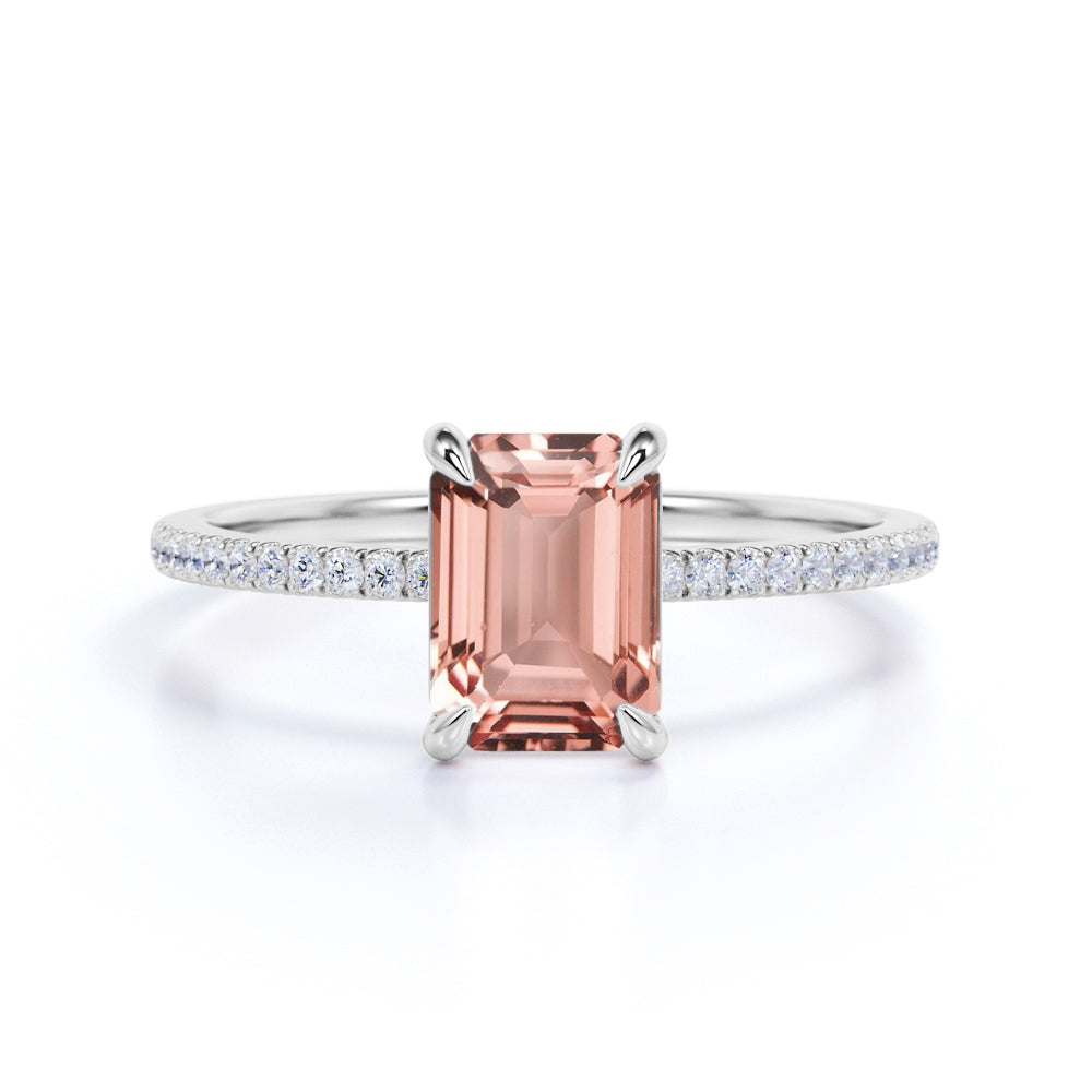 1.25 Carat emerald cut Morganite and Diamond Engagement Ring in 10k Rose Gold
