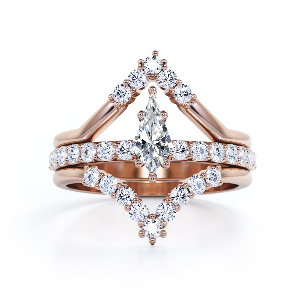 Double Kite Shape 0.8 carat Kite Moissanite and Diamond Trio Ring Set in White Gold