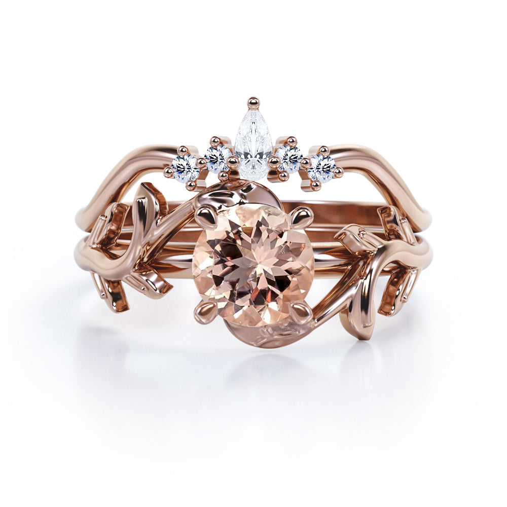 Nature Leaf 0.55 carat Round Morganite and Moissanite Crown Bridal Ring Set in Rose Gold
