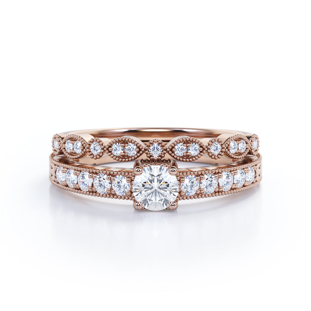 0.50 Carat Round Cut Diamond Vintage Milgrain Bridal Set Ring In White Gold