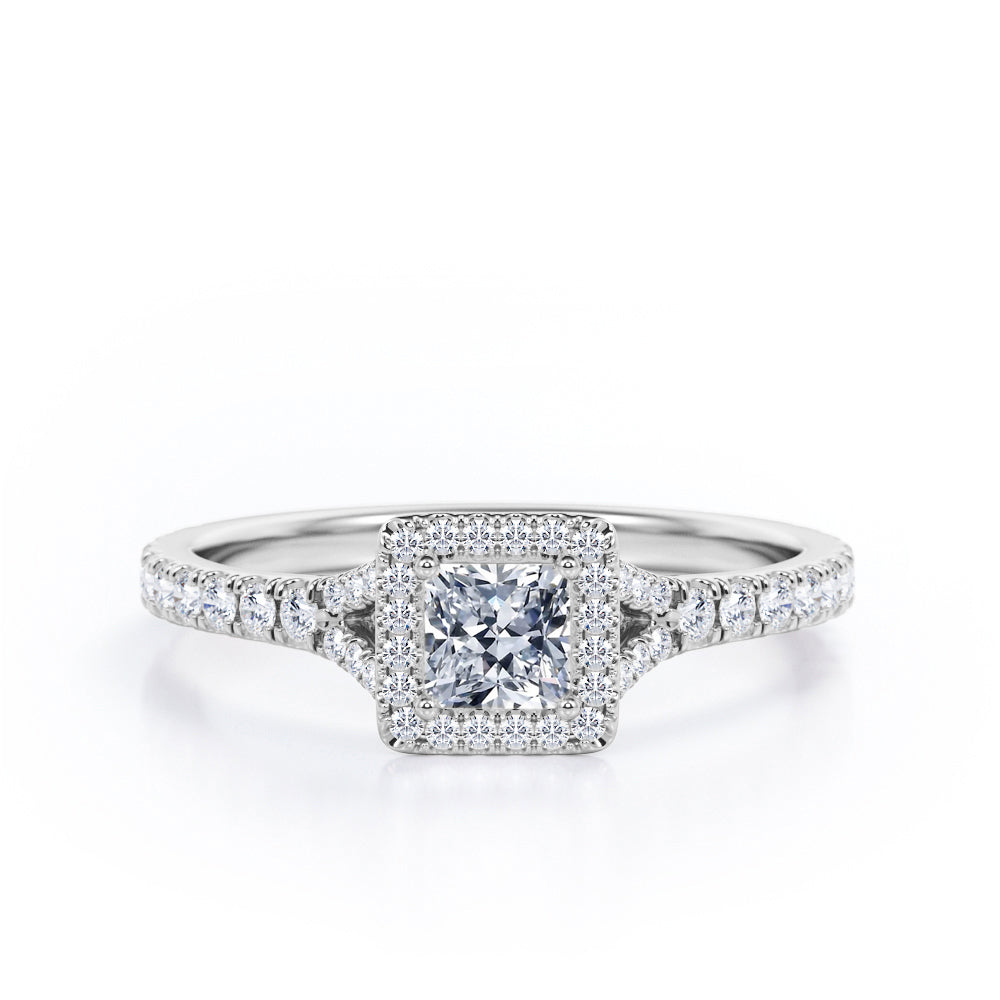 Pave Split-Shank Design 0.5 TCW Princess Cut Diamond Four-Prong Halo Engagement Ring in 10K Rose Gold