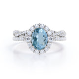 1.65 Carat Huge Oval Cut Aquamarine And Diamond Halo Wedding Ring Set In White Gold