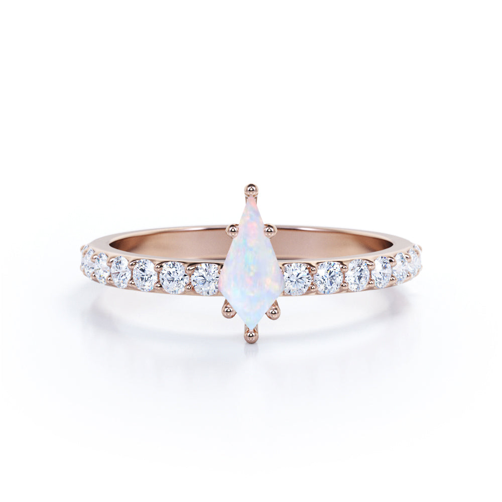 Geometric 1.25 carat Kite Shaped Precious Fire Opal And Diamond Six Prong Half Eternity Engagement Ring In Black Gold