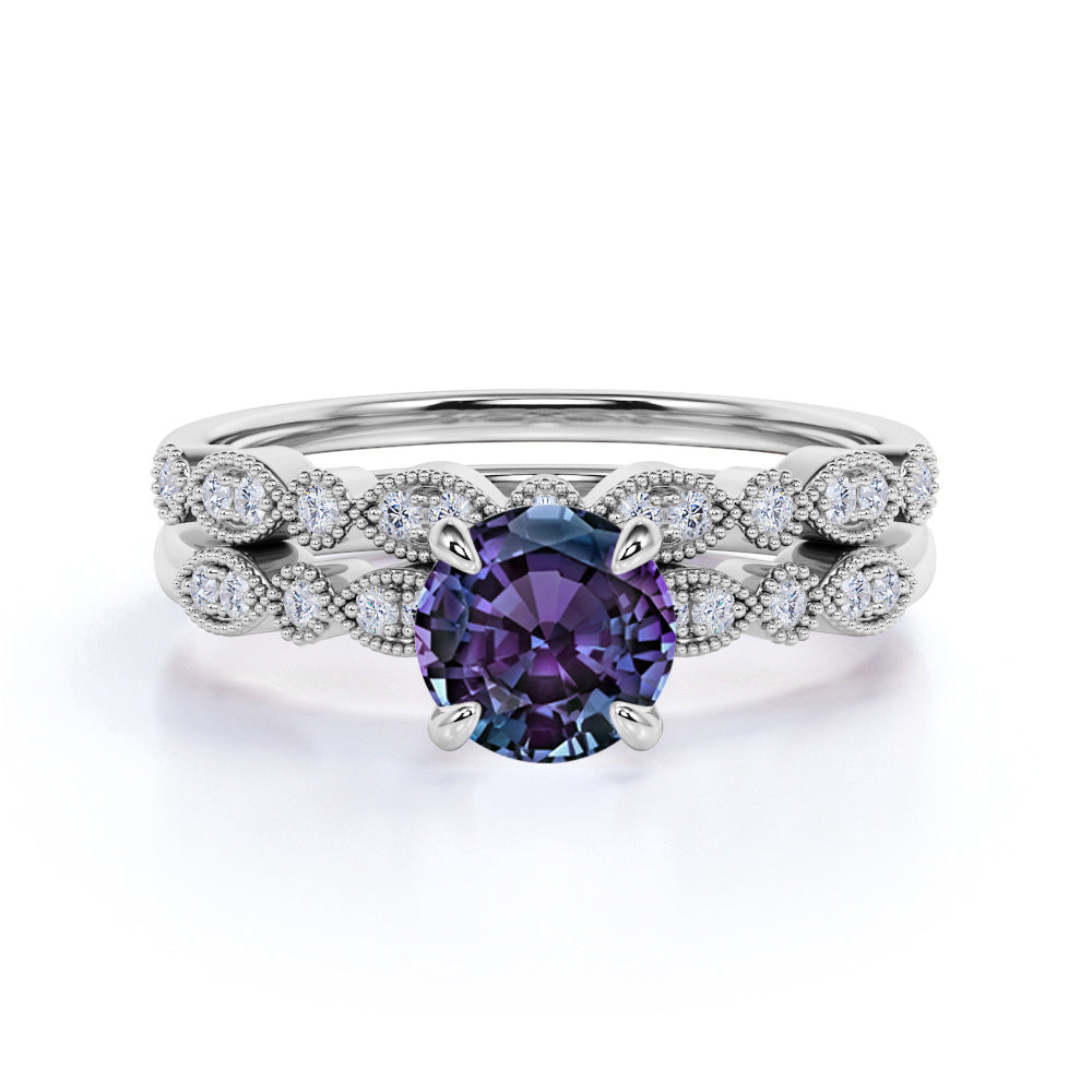 4 Prong Solitaire 1.50 Carat Round Cut Lab Grown Alexandrite and Diamond Marquise Dot Art Deco Wedding Ring Sets