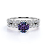 4 Prong Solitaire 1.50 Carat Round Cut Lab Grown Alexandrite and Diamond Marquise Dot Art Deco Wedding Ring Sets