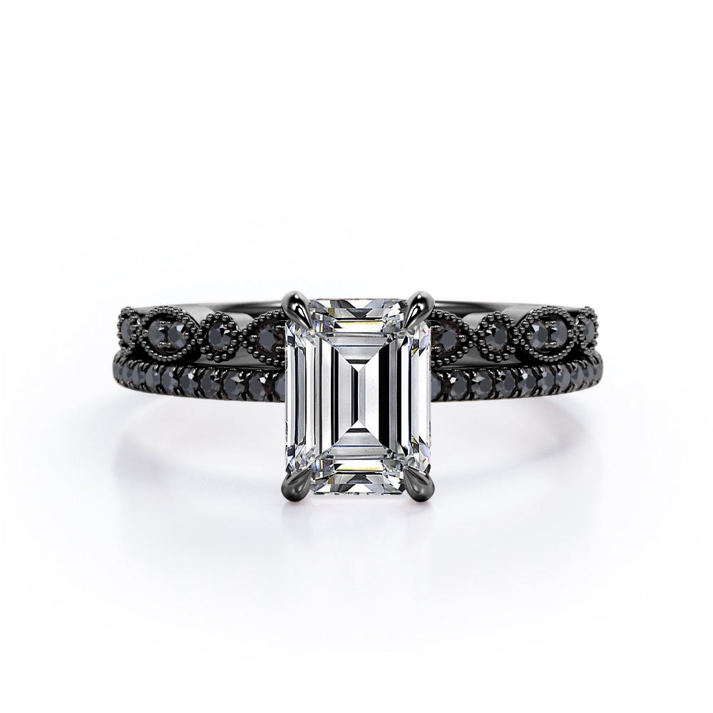 Milgrain Filigree - 1.55 TCW Emerald Cut Moissanite with Lab Created Black Diamond - Pave Accented Bridal Ring Set  in White Gold
