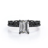 Milgrain Filigree - 1.55 TCW Emerald Cut Moissanite with Lab Created Black Diamond - Pave Accented Bridal Ring Set  in White Gold