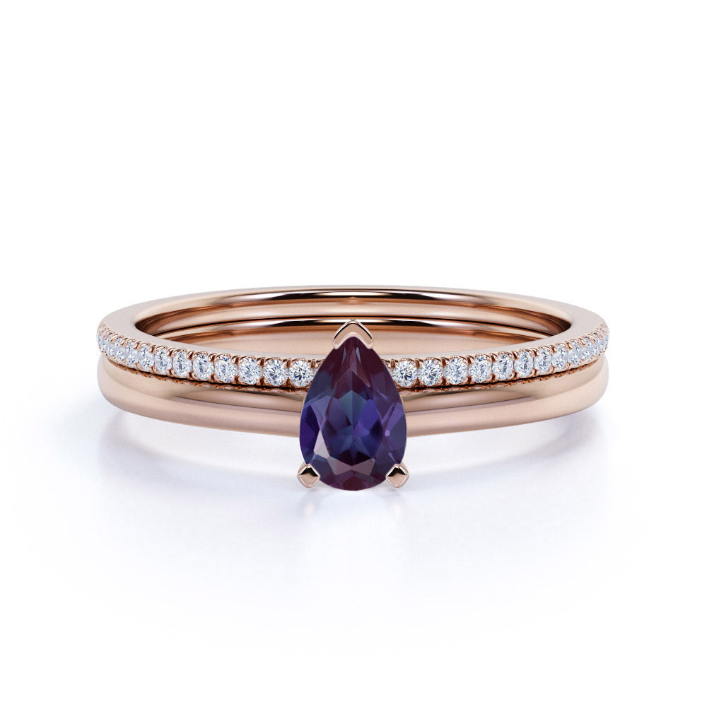 Dainty Single Stone 0.75 Carat Pear Shape Lab Created Alexandrite and Diamond Pave Wedding Ring Sets
