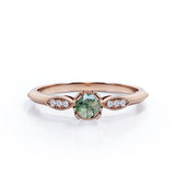 Prong Basket 1.25 Carat Round Cut Solid Druzy Moss Green Agate and Diamond Pave Milgrain Engagement Ring
