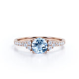 Classic 1.50 Carat Round Cut Aqua Sky Blue Aquamarine and Diamond 7 Stone Cluster Engagement Ring in Rose Gold for Women