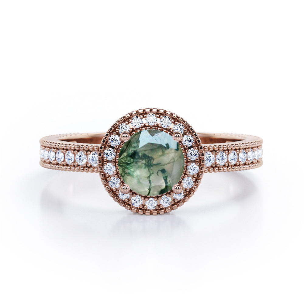 Decorative Halo 1 carat Round Moss Green Agate and Diamond Milgrain Engagement Ring in White Gold
