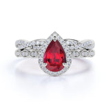 Affordable 2 Carat Pear cut Lab Ruby and Diamond Antique Wedding Ring Set in White Gold