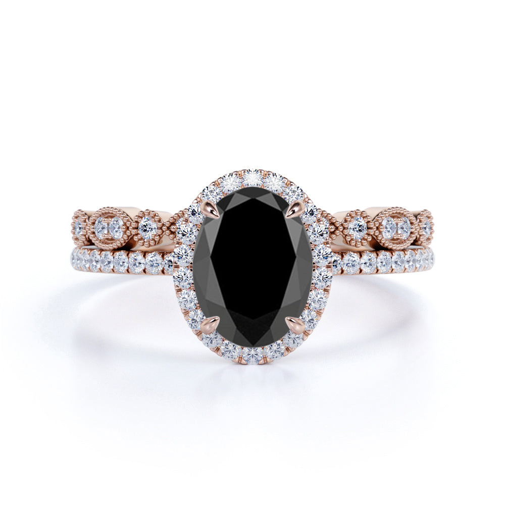 Antique Artdeco 1.75 Oval cut Lab Black Diamond Wedding Bridal Set in White Gold